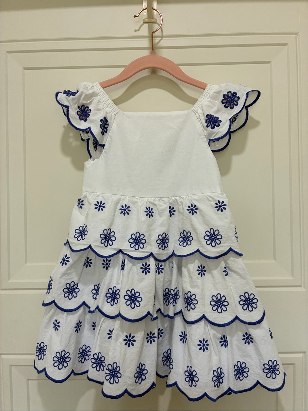 White & Navy Floral Embroidered Ruffle Dress for Girls